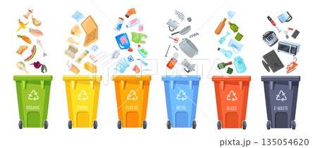 Waste segregation. Trash sorting, selective collect garbage separating recycling rubbish classification plastic bins containers glass bottle paper organic, neat vector illustration Waste segregation. Trash sorting, selective collect garbage separating recycling rubbish classification plastic bins containers glass bottle paper organic, neat vector illustration 135054620