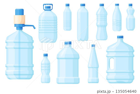Plastic water containers. Empty bottles, drink beverage storage gallon small big volume mineral bottle shape container with pump tap plastic pack, cartoon neat vector illustration 135054640
