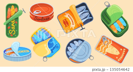 Italian sardines. Canned sardine fish vintage package, mediterranean food tuna can tin mackerel seafood packaging italy design retro grocery brand, cartoon neat vector illustration Italian sardines. Canned sardine fish vintage package, mediterranean food tuna can tin mackerel seafood packaging italy design retro grocery brand, cartoon neat vector illustration 135054642