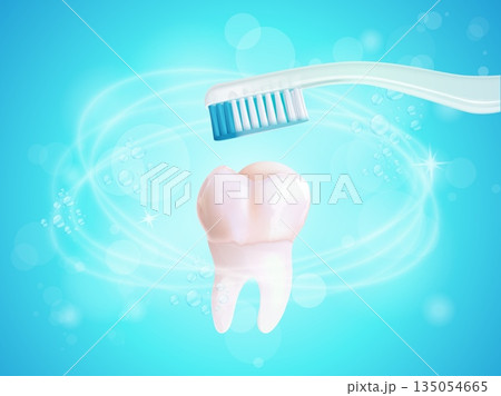 Teeth brush banner. 3d realistic tooth brushing dental care concept, toothbrush cleans teeth oral hygiene whitening dentistry advertising medical background vector illustration Teeth brush banner. 3d realistic tooth brushing dental care concept, toothbrush cleans teeth oral hygiene whitening dentistry advertising medical background vector illustration 135054665