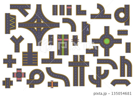 Road map creation kit. Highway elements top view, above curve roadway roundabout intersection crossroad city street traffic path race track asphalt corner kicky vector illustration 135054681
