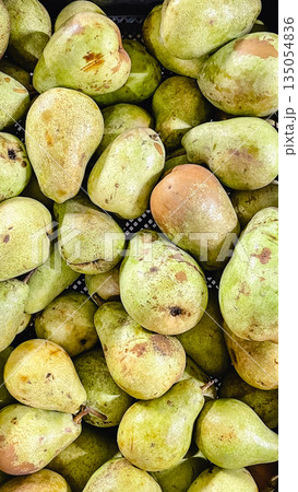 Close-up of fresh green organic pears with speckled skin piled at a local market or grocery store 135054836