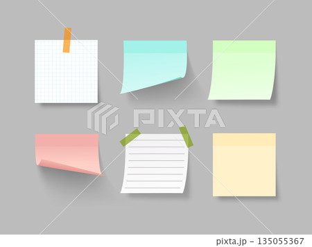 Vector set of colorful sticky notes with shadows, tape, lined and grid paper. Realistic blank paper sheets for reminders and office notes isolated on grey background. Vector set of colorful sticky notes with shadows, tape, lined and grid paper. Realistic blank paper sheets for reminders and office notes isolated on grey background. 135055367