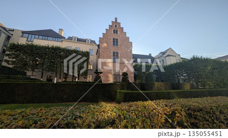 Well maintained manicured plant wall in front of European architecture 135055451