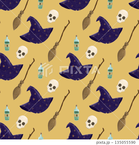 Seamless illustrated pattern with flying brooms, skulls and poison bottles. Flat illustration for fabric printing, sewing projects, apparel, Halloween costumes, wrapping paper, home textiles, crafts. Seamless illustrated pattern with flying brooms, skulls and poison bottles. Flat illustration for fabric printing, sewing projects, apparel, Halloween costumes, wrapping paper, home textiles, crafts. 135055590