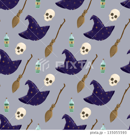 Seamless illustrated pattern with flying brooms, skulls and poison bottles. Flat illustration for fabric printing, sewing projects, apparel, Halloween costumes, wrapping paper, home textiles, crafts. 135055593