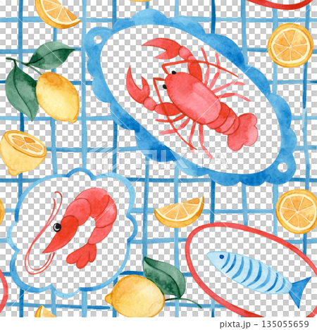 Seamless watercolor Mediterranean pattern. Whimsical wallpaper with lobster and lemons. Seamless watercolor Mediterranean pattern. Whimsical wallpaper with lobster and lemons. 135055659