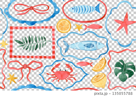 Seamless watercolor Mediterranean pattern. Whimsical frames with lobster and crabs. Seamless watercolor Mediterranean pattern. Whimsical frames with lobster and crabs. 135055788