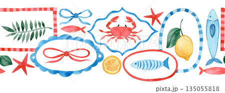 Seamless watercolor Mediterranean border. Whimsical frames with lobster and crabs. 135055818