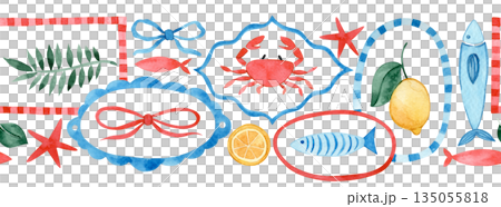 Seamless watercolor Mediterranean border. Whimsical frames with lobster and crabs. 135055818