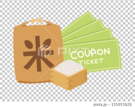 Rice coupon image illustration: A tea bag and a wooden box filled with rice, and several coupons 135055828