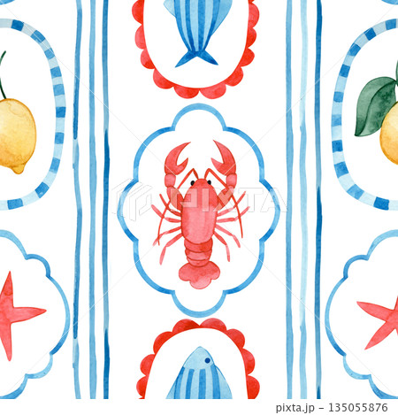 Seamless watercolor striped pattern. Mediterranean. Whimsical frames with lobster and lemon 135055876