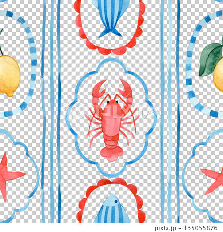 Seamless watercolor striped pattern. Mediterranean. Whimsical frames with lobster and lemon 135055876