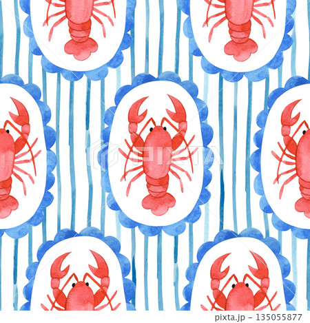 Seamless watercolor striped pattern. Mediterranean. Whimsical frames with lobsters Seamless watercolor striped pattern. Mediterranean. Whimsical frames with lobsters 135055877