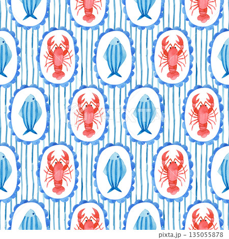 Seamless watercolor striped pattern. Mediterranean. Whimsical frames with lobster and crabs. 135055878