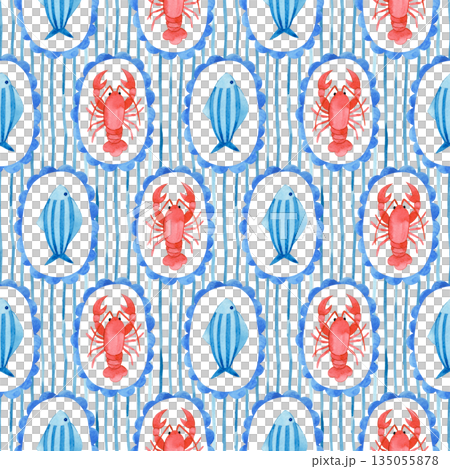Seamless watercolor striped pattern. Mediterranean. Whimsical frames with lobster and crabs. 135055878