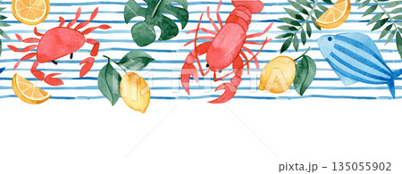 Seamless watercolor striped border. Mediterranean. Whimsical frames with lobster and crabs. Seamless watercolor striped border. Mediterranean. Whimsical frames with lobster and crabs. 135055902