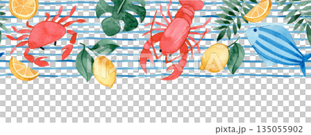 Seamless watercolor striped border. Mediterranean. Whimsical frames with lobster and crabs. 135055902