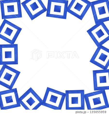 A square frame of blue squares arranged in a chaotic manner. Watercolor illustration on an isolated background. A geometric template with an empty place to insert. 135055959