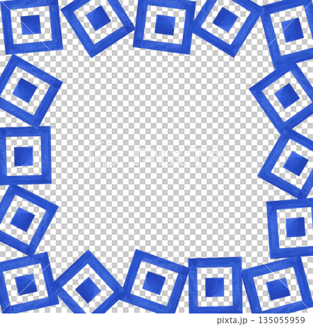 A square frame of blue squares arranged in a chaotic manner. Watercolor illustration on an isolated background. A geometric template with an empty place to insert. 135055959