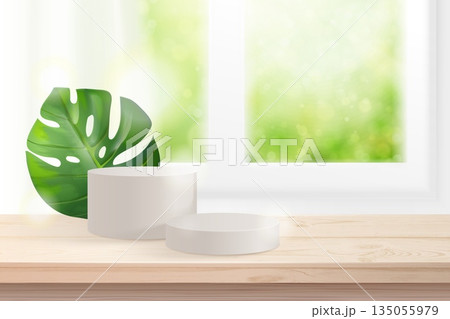 Podium wooden table. Realistic white platform kitchen desk wood surface, clean house home interior nature beauty product display background mockup premium design vector illustration 135055979