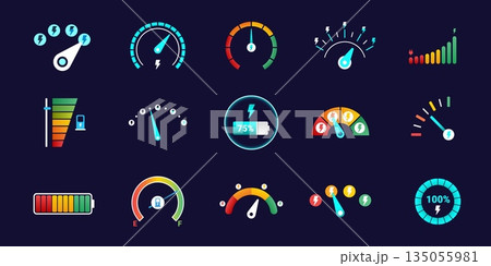 Car energy meters. Electric car battery ev charge meter, speed gauge measure fuel power level indicator scale neon dashboard dial futuristic dash panel, kicky vector illustration Car energy meters. Electric car battery ev charge meter, speed gauge measure fuel power level indicator scale neon dashboard dial futuristic dash panel, kicky vector illustration 135055981