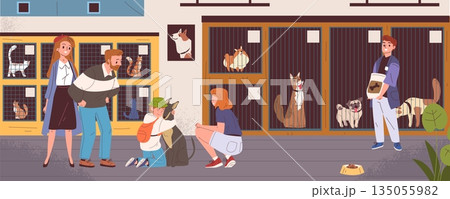 People in animal shelter. Volunteer care homeless pets, stray dog cat in cage family adopt puppy at kennel new owner charity help pet companion adoption, classy vector illustration 135055982