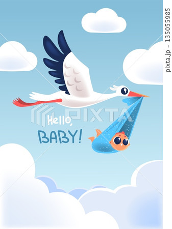 Stork with baby. Newborn birth baby shower congratulations card, infant birthday celebration bird carrying bag with new kid, born child announcement classy vector illustration 135055985