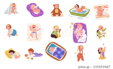 Cartoon newborn characters. Cute infants life activities, baby in diaper play sleep cry bath poses new born kid toddler routine childhood development classy vector illustration Cartoon newborn characters. Cute infants life activities, baby in diaper play sleep cry bath poses new born kid toddler routine childhood development classy vector illustration 135055987