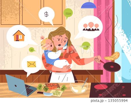 Multitasking mom. Busy mother with baby cook food and work home task, tired overload woman phone super housewife household hard life housework stress, classy vector illustration Multitasking mom. Busy mother with baby cook food and work home task, tired overload woman phone super housewife household hard life housework stress, classy vector illustration 135055994