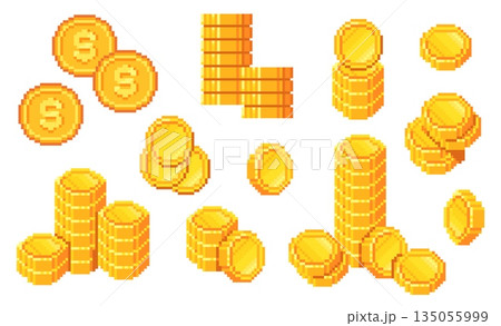Pixel coins. Gold coin 8 bit retro arcade game art, medieval money cash stack golden treasure cartoon ui icons mobile finance app bank savings investment, neat vector illustration 135055999