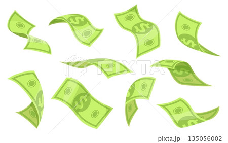 Cartoon falling dollars. Flying dollar bill, cash money rain air floating paper currency american bank notes green banknotes, finance bonus wealth concept neat vector illustration 135056002