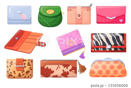 Women wallets. Animals print purse, alligator skin leather luxury wallet female fashion small purses money bag zipper clutch, cartoon business shopping set neat vector illustration 135056008