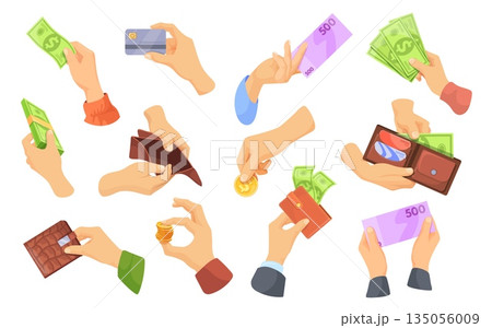 Hands hold money. Female male hand pay cash credit card, arm give dollar bills euro banknote wallet take coins count paper currency finance income payment neat vector illustration 135056009