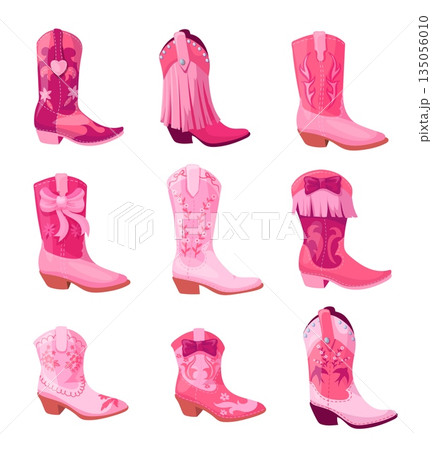 Cowgirl boots. Fashion cowgirls leather pink boot with ribbon, girly rodeo vintage texas ranch footwear country dance party shoe western female collection, neat vector illustration Cowgirl boots. Fashion cowgirls leather pink boot with ribbon, girly rodeo vintage texas ranch footwear country dance party shoe western female collection, neat vector illustration 135056010