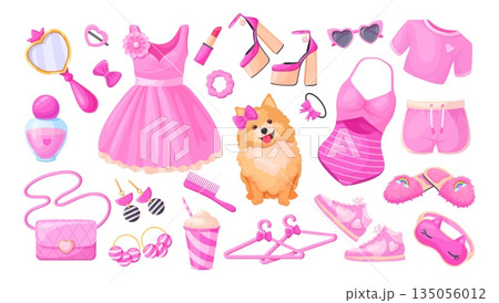 Girl doll accessories. Barbiecore basic pink, fashion dress sneakers shoes perfume handbag glasses glam beauty chic heart love baby lifestyle stickers, set neat vector illustration 135056012