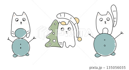 Cartoon cats doodle. Christmas funny hand drawn vector illustration. Cat and snowman, and with Christmas tree Cartoon cats doodle. Christmas funny hand drawn vector illustration. Cat and snowman, and with Christmas tree 135056035