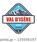 Val-d'Isere ski resort, French Alps emblem with snow-covered mountains, vector 135056107