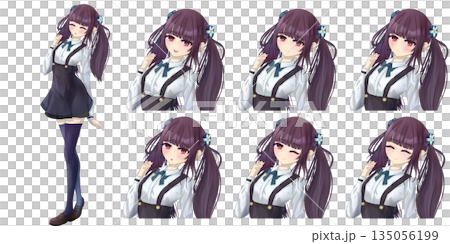 Cute twin-tailed high school girl character character illustration - facial expression differences 135056199