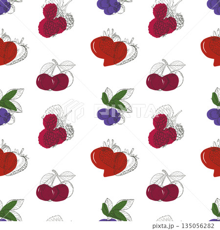 Seamless berry pattern with hand drawn fruits in modern botanical sketch style 135056282