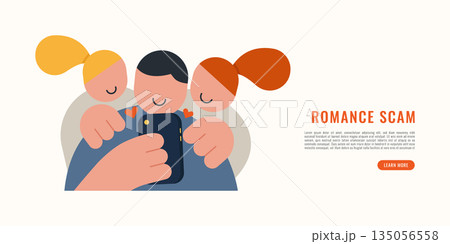 Flat modern illustration of a man using smartphone surrounded by fake lovers, representing romance scam, online dating fraud, cyber crime, and digital deception concept. 135056558