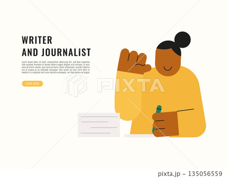 Flat modern illustration of a writer and journalist holding pen and paper, representing writing, reporting, storytelling, content creation, and professional journalism concept. Flat modern illustration of a writer and journalist holding pen and paper, representing writing, reporting, storytelling, content creation, and professional journalism concept. 135056559