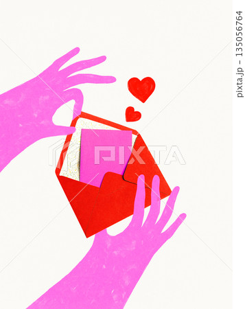 Handmade design of hands revealing love note inside red envelope. Handmade design of hands revealing love note inside red envelope. 135056764