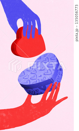 Playful mixed media composition of colorful hands exchanging heart gift for Saint Valentine Day. 135056773