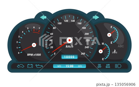 Car dashboard. Digital speedometer, odometer tachometer dash board lcd panel ui fuel oil gauge speed race indicator modern automobile console display kicky vector illustration 135056906