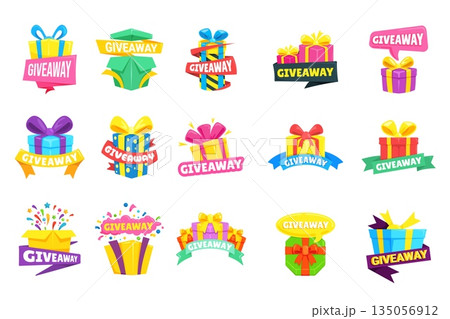 Cartoon giveaway boxes. Give away win prize, mystery gift box contest winner logo poster raffle banner competition reward surprise promotion design, set kicky vector illustration Cartoon giveaway boxes. Give away win prize, mystery gift box contest winner logo poster raffle banner competition reward surprise promotion design, set kicky vector illustration 135056912