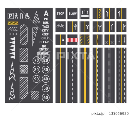 Road marking. Asphalt surface marks top view, city traffic street road markings highway lanes strip line crosswalk bus stop sign cartoon roadway mark kit kicky vector illustration 135056920