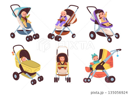 Children in pushchairs. Cartoon kids on baby stroller, comfort carriage kid travel pram cart, cute toddler boy girl seat child buggy strollers trolley classy vector illustration 135056924