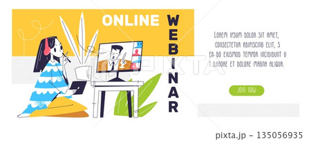 Online workshop concept. Virtual training, business seminar online school teacher and student professional course digital class couch elearning webinar, classy vector illustration Online workshop concept. Virtual training, business seminar online school teacher and student professional course digital class couch elearning webinar, classy vector illustration 135056935