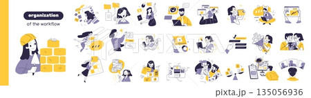 Office workflow organization. Productive employee time management concept, business professional work team leadership teamwork success workforce, outline classy vector illustration Office workflow organization. Productive employee time management concept, business professional work team leadership teamwork success workforce, outline classy vector illustration 135056936